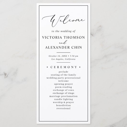 Moderne minimalistische zwart wit bruiloft program programma (Voorkant)