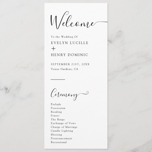 Moderne minimalistische zwart-wit huwelijksceremon programma (Voorkant)