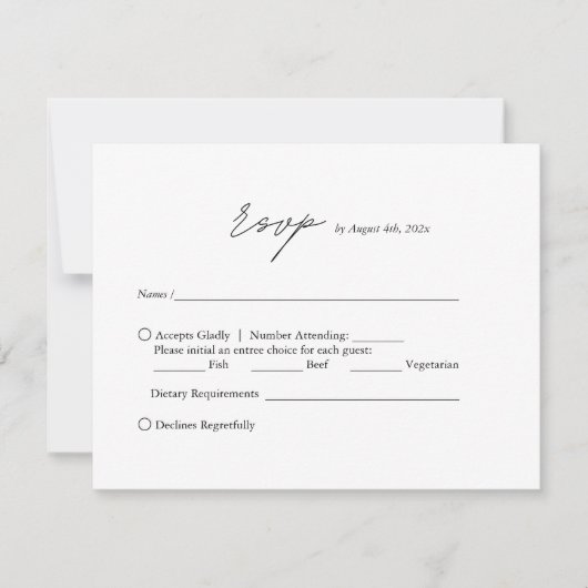 Moderne minimalistische zwart-wit script bruiloft RSVP kaartje (Voorkant)