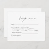 Moderne minimalistische zwart-wit script bruiloft RSVP kaartje (Voorkant / Achterkant)
