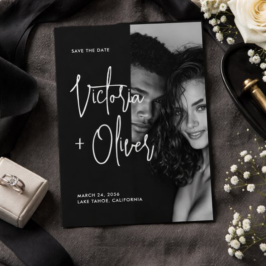 Moderne minimalistische zwart-wit script foto save the date