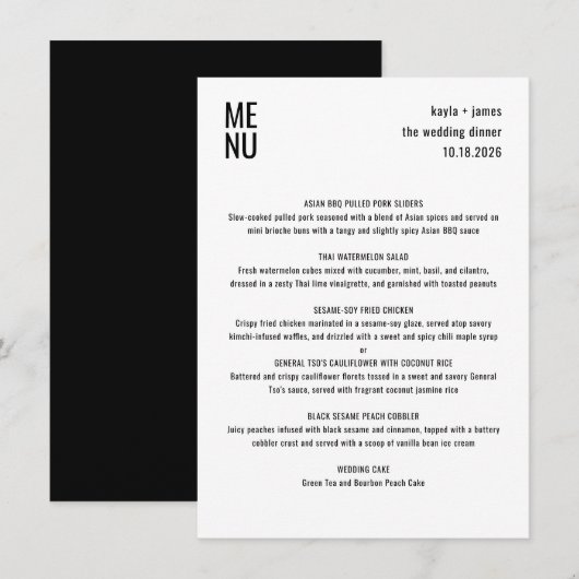 Moderne minimalistische zwart wit stijlvolle bruil menu (Voorkant / Achterkant)