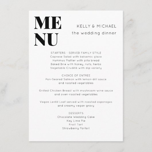 Moderne minimalistische zwart wit stijlvolle bruil menu (Voorkant)