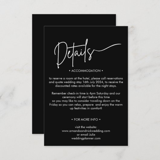 Moderne Minimalistische Zwart-Wit Trouwdetails Informatiekaartje (Voorkant / Achterkant)
