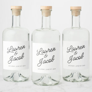 Moderne minimalistische zwart-witte bruiloft likeurfles etiket