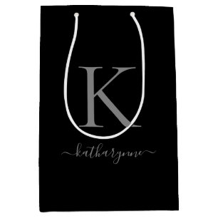 Moderne Minimalistische Zwart Zilver Monogram Naam Medium Cadeauzakje