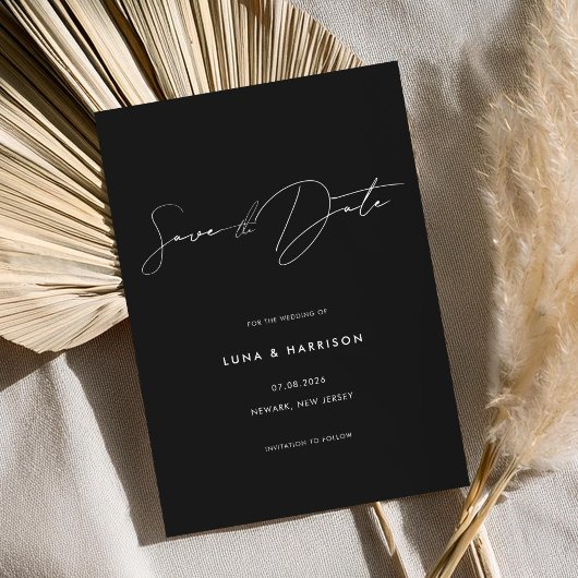 Moderne minimalistische zwarte bruiloft Save the D Date