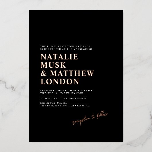 Moderne minimalistische zwarte en echte Folie brui Folie Uitnodiging (Voorkant)