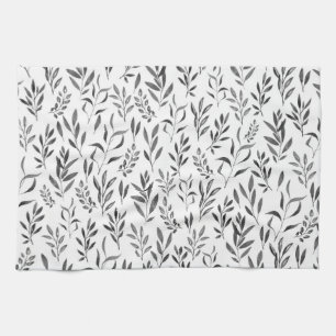 Moderne minimalistische zwarte en witte bladeren  theedoek