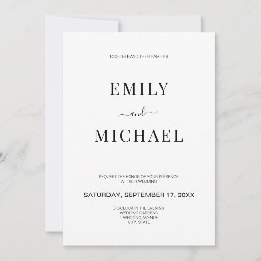 Moderne minimalistische zwarte en witte bruiloft kaart (Voorkant)