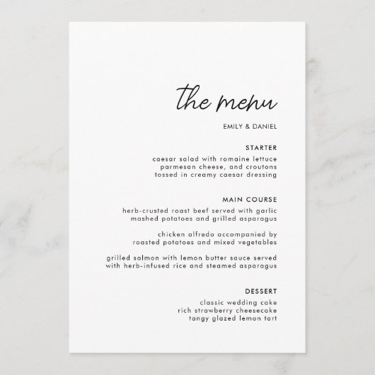 Moderne minimalistische zwarte en witte bruiloft menu (Voorkant)