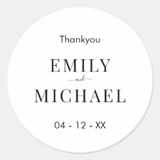 Moderne minimalistische zwarte en witte bruiloft ronde sticker