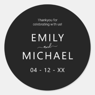 Moderne minimalistische zwarte en witte bruiloft ronde sticker