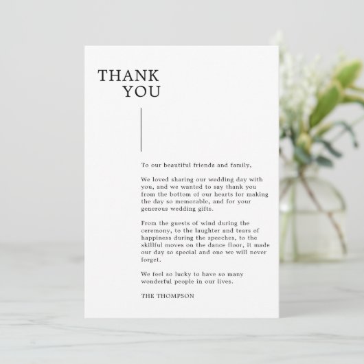 Moderne, minimalistische zwarte en witte bruilofte bedankkaart (Staand voorkant)