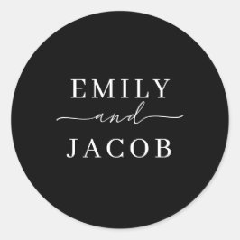 Moderne minimalistische zwarte en witte bruiloften ronde sticker