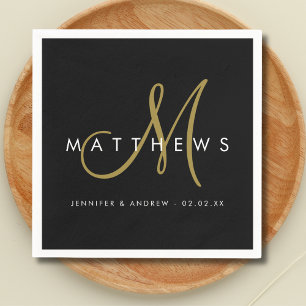 Moderne Minimalistische Zwarte Gouden Monogram Bru Servet