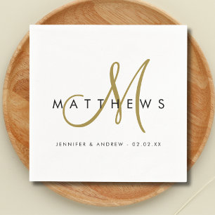 Moderne Minimalistische Zwarte Gouden Monogram Bru Servet