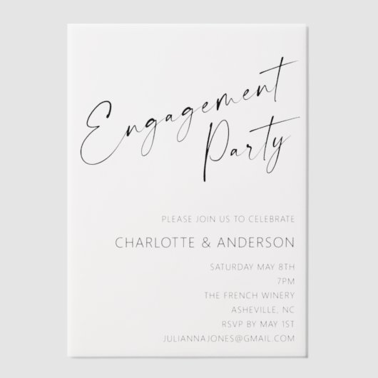 Moderne minimalistische zwarte Script Engagement P Vellum Uitnodigingen (Voorkant)