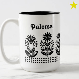 Moderne Minimalistische Zwarte Volkskunst Bloemen Tweekleurige Koffiemok
