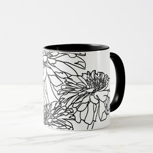 Moderne, minimalistische zwarte witte bloemen mok (Voorkant rechts)