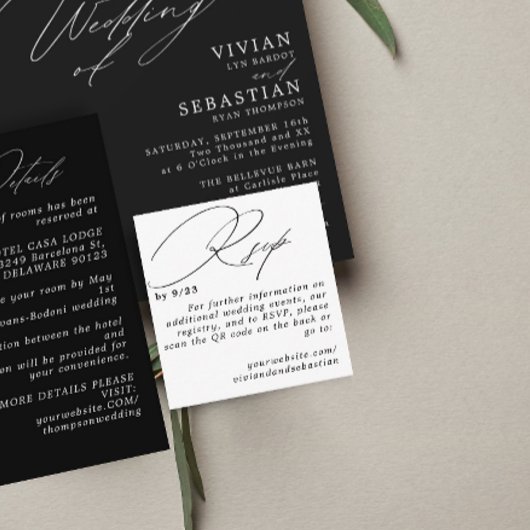 Moderne Minimalistische Zwarte Witte RSVP QR Code  Informatiekaartje