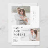 Moderne minimilast zwart-wit 2 foto bruiloft save the date (Voorkant)