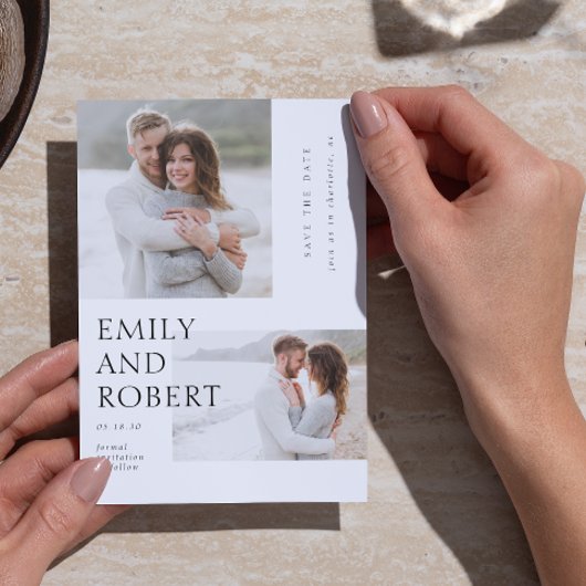 Moderne minimilast zwart-wit 2 foto bruiloft save the date