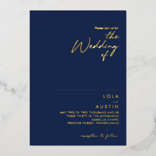 Moderne minimummarine en gouden bruidsschat de bru folie uitnodiging