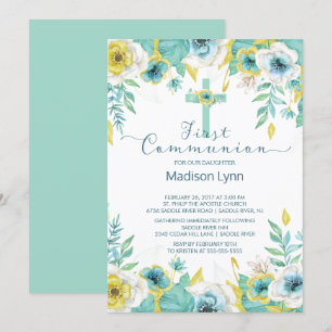 Moderne Mint Goud Bloemen Eerste Heilige Communie Kaart