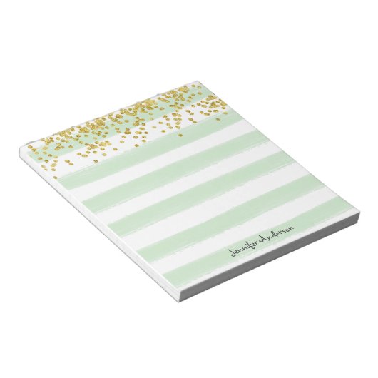 Moderne Mint Groene Streep Gouden Confetti Persona Notitieblok (Schuin)