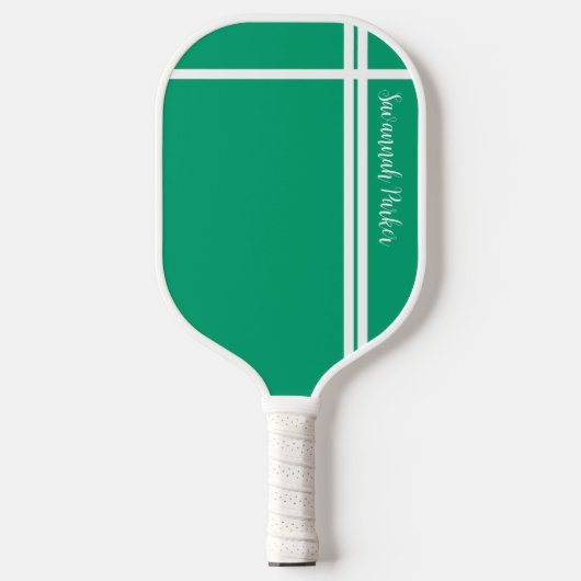 Moderne Mint Groene Witte Strepen Aangepaste Naam Pickleball Paddle (Voorkant)
