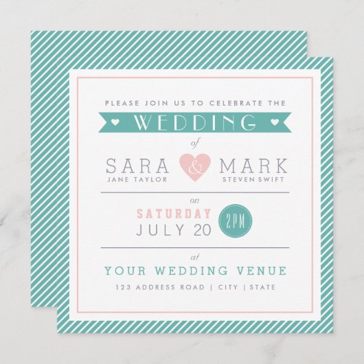 Moderne Mint Stripe Square bruiloft uitnodiging (Voorkant / Achterkant)