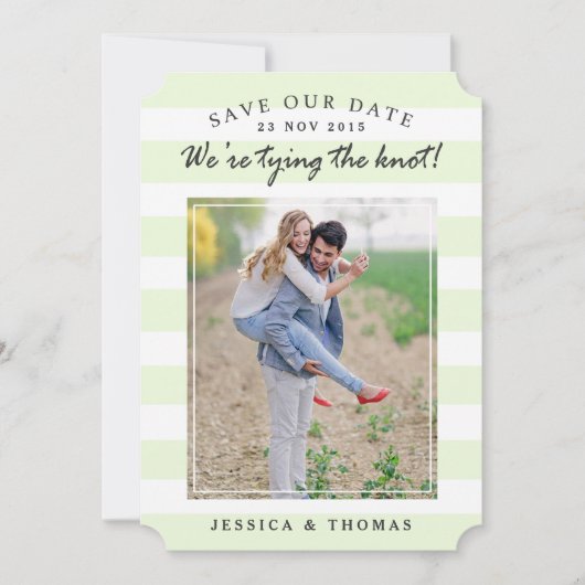 Moderne mint & witte strepen | De foto bewaart de  Save The Date (Voorkant)