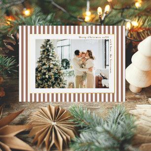 Moderne Mocha Bruine Strepen Foto Kerst Goud Folie Feestdagenkaart