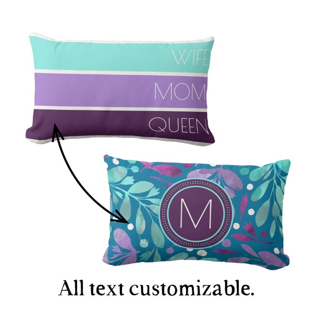 Moderne Moederdag Typografie en Bloemen Kussen (Customizable Mother's Day pillow in aqua, lilac, and deep purple. Personalize with initial and text.)