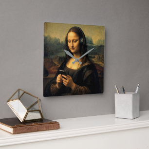 Moderne Mona Lisa met Smartphone Vierkante Klok