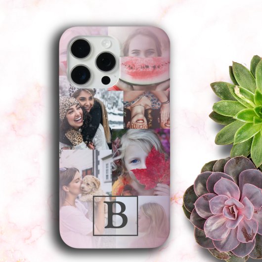 Moderne monogram 6 foto collage blush roze Case-Mate iPhone case