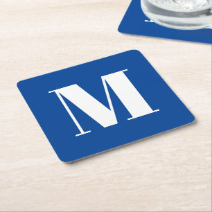Moderne monogram blauw, aangepast initiaal letter vierkante kartonnen onderzetter