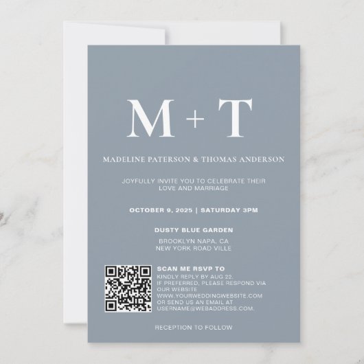 Moderne monogram blauwe QR-code Rsvp Weddenschap Kaart (Voorkant)