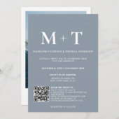 Moderne monogram blauwe QR-code Rsvp Weddenschap Kaart (Voorkant / Achterkant)