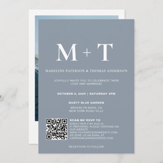 Moderne monogram blauwe QR-code Rsvp Weddenschap Kaart (Voorkant / Achterkant)