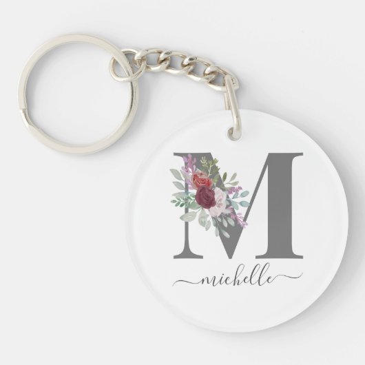 Moderne Monogram Bloem Initial Naam Sleutelhanger (Voorkant)