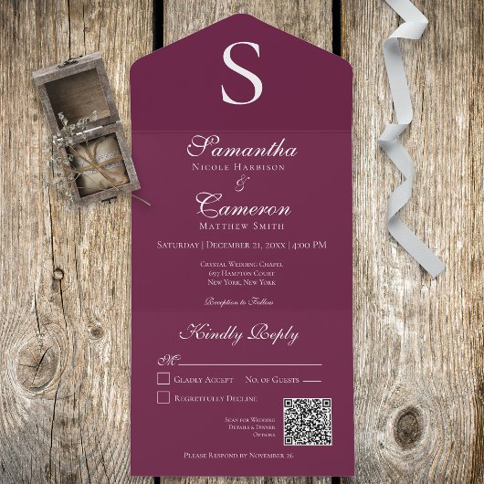 Moderne monogram Bourgogne QR-code All In One Uitnodiging