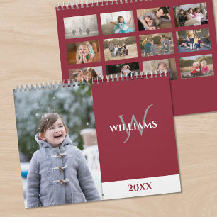 Moderne Monogram Burgundyrode Foto Kalender