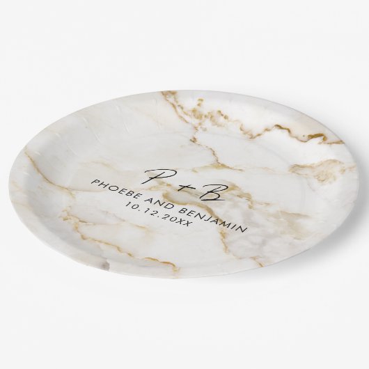 Moderne Monogram Custom Goud Marmer Bruiloft Papieren Bordje (Gekanteld)