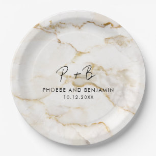 Moderne Monogram Custom Goud Marmer Bruiloft Papieren Bordje