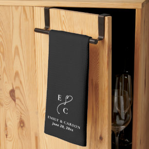 Moderne Monogram Datum Stijlvol Chic Zwart & Wit Theedoek