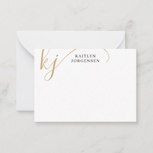 Moderne monogram Elegant Script Initiaal Black Gol Notitiekaartje (Voorkant)