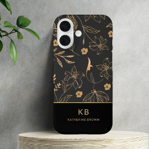 Moderne Monogram Elegante Zwarte Gouden Bloemmotie iPhone 16 Hoesje