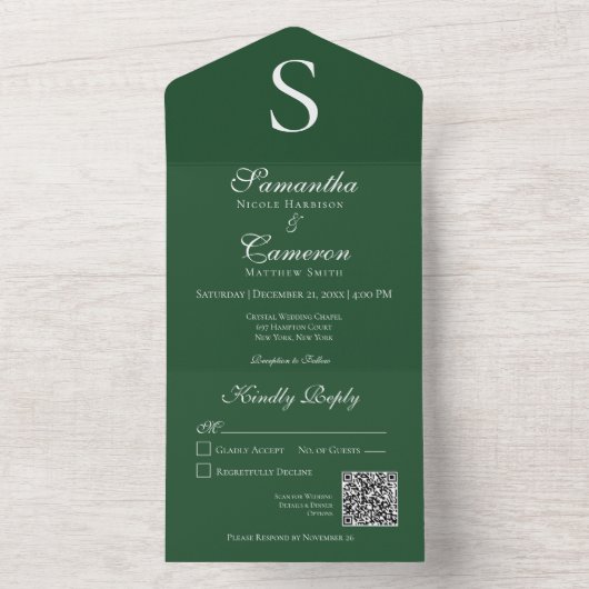 Moderne Monogram Emerald Green QR-code All In One Uitnodiging (Binnen)